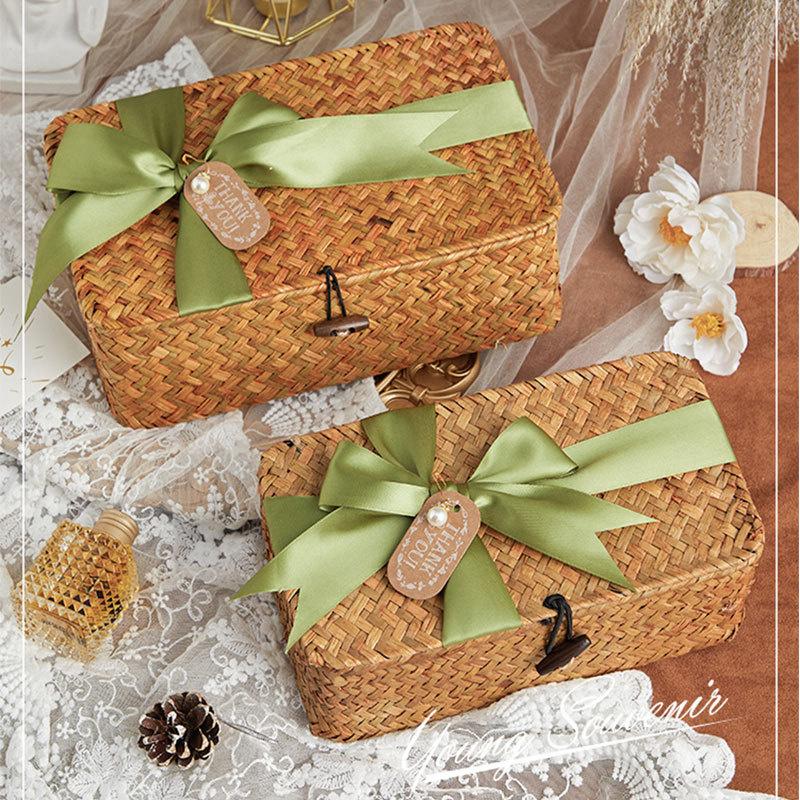 Прямоугольная корзина для хранения, плетеная вручную коробка для хранения из морской травы, плетеная корзина, настольный органайзер для косметики, многоцелевой контейнер