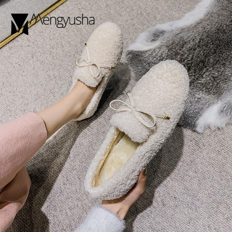 Модные туфли Butterfly-Knot из меха ягненка на плоской подошве женские мокасины из шерсти и меха балетки зимние хлопковые туфли для женщин теплые плюшевые мокасины из флиса