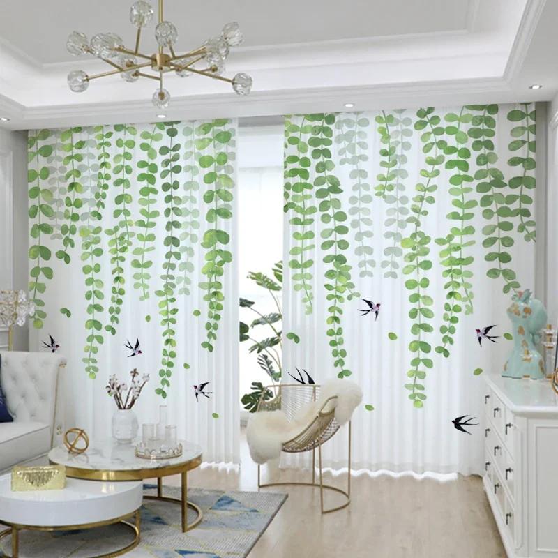 3D Розовая цветочная занавеска Зеленое растение Пасторальный декор Прозрачная занавеска для гостиной Спальня Окно от пола до потолка Вуаль Cortina