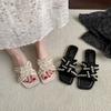 Flat-bottomed Pearl Beach Shoes New One-word Belt Simple Sandals Student Square Head Slippers Women