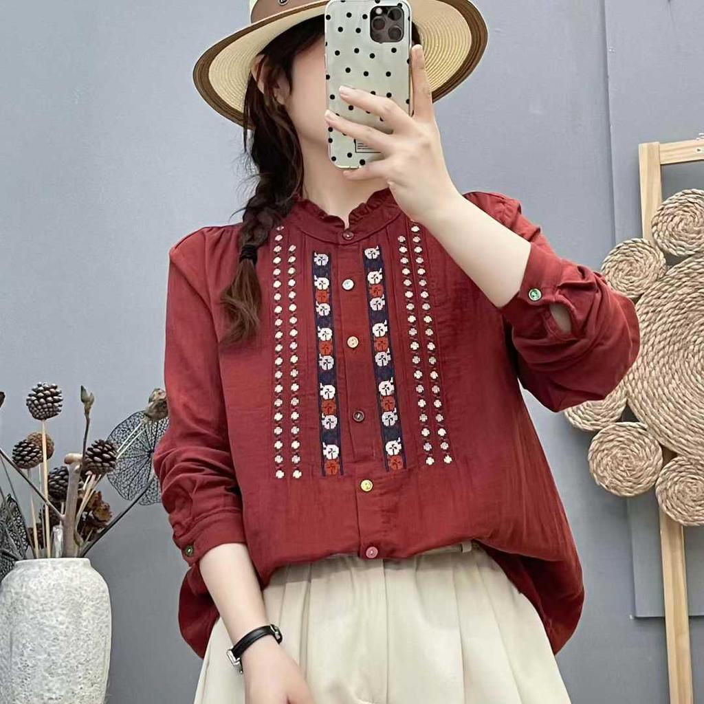 Женская хлопковая рубашка с длинным рукавом и вышивкой, этнический стиль, свободный крой, ретро, стройнящий топ