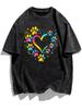 Casual Paw Heart Print T-Shirt Washed Retro Graphic Tee Comfort Daily Wear Top Unique Style Gift for Women Men Fashion Apparel