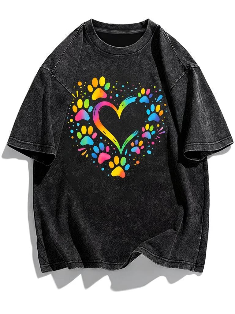 Casual Paw Heart Print T-Shirt Washed Retro Graphic Tee Comfort Daily Wear Top Unique Style Gift for Women Men Fashion Apparel