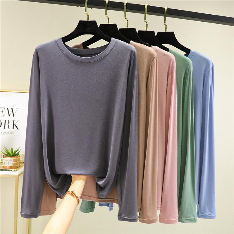Women's Modal Long Sleeve T-Shirt Crew Neck Solid Slim Fit Basic Undershirt Thin Versatile Casual Top