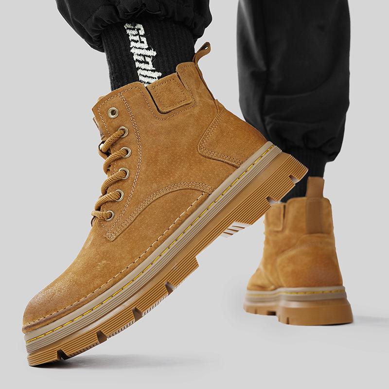Мужские ботинки Мартин из натуральной кожи с высоким берцем - Желтые ретро зимние ботинки для снега с плюшевой подкладкой