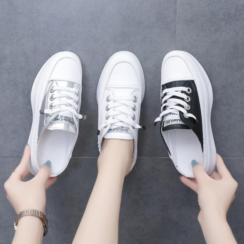 Модные тапочки для отдыха для женщин, летняя новая корейская версия, туфли без каблука, на толстой подошве, на платформе, женские белые туфли, кроссовки