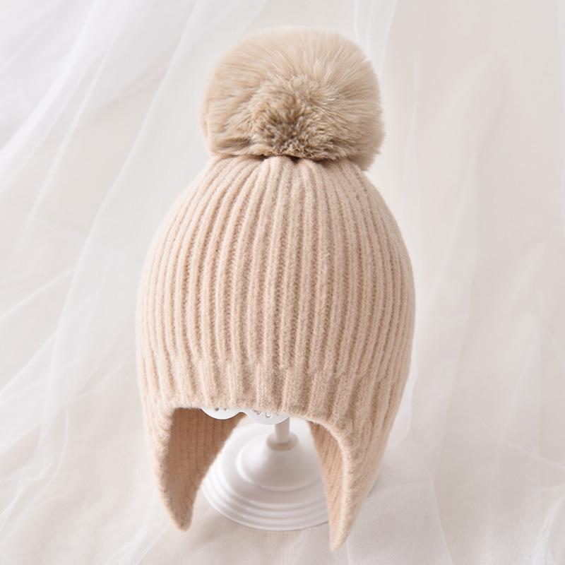 Winter Baby Beanie Hat With Earflap Fur Ball Winter Woolen Knitted Hats For Kids Outdoor Warm Girls Boys Ear Protection Cap