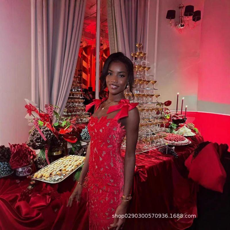 Elegant Bright Red Bow Sling Sexy Formal Dress Vacation Dress with Lining Red Evening Gown