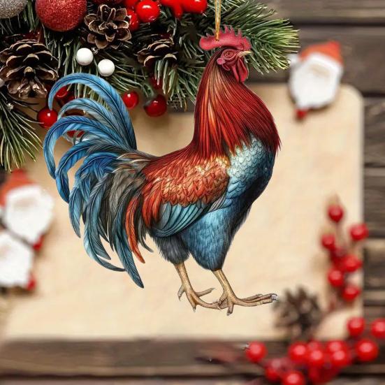 Cartoon Rooster Acrylic Pendant Cute Christmas Tree Hanging Ornament Adorable Xmas Decoration for Cock Lovers Funny Holiday Gift