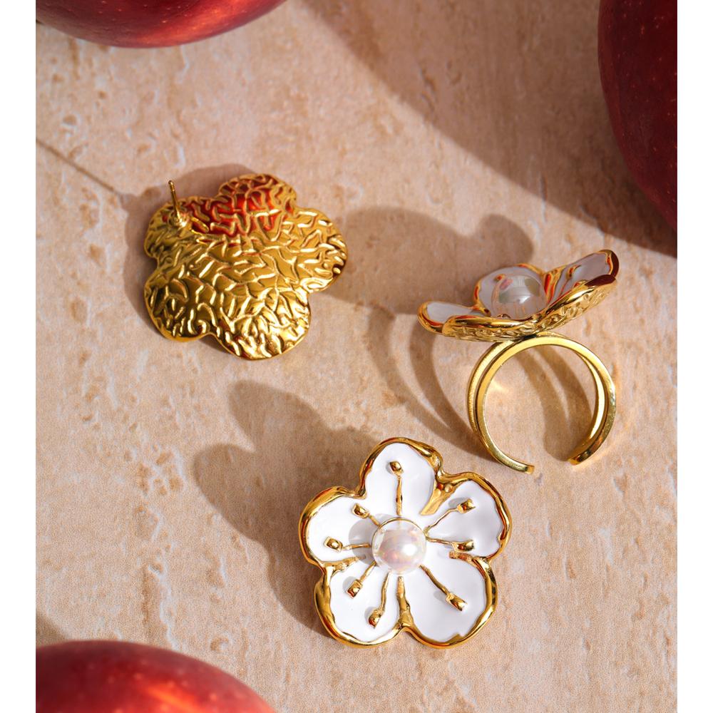 Eetit Popular Style White Enamel Pearl Korean Flower Earrings Ring Set Stainless Steel Daily Arrivals Jewelry Water Resistant