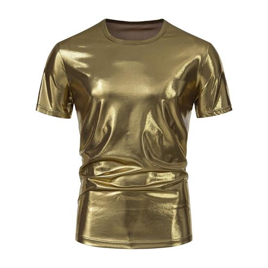 Летняя мужская футболка с глянцевой поверхностью, бронзовая, облегающая, с круглым вырезом, однотонная, с короткими рукавами, пуловер, вечерние, клубные, для выступлений, танцевальная уличная одежда, топ