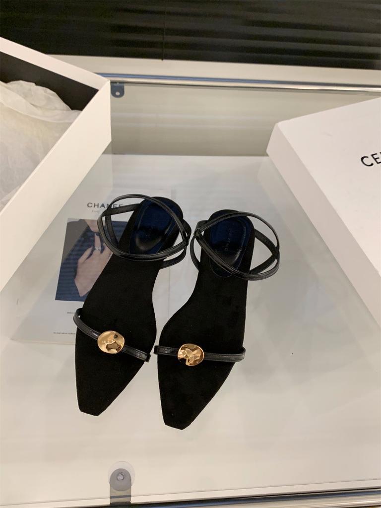 Niche Low-heeled Black One-word Strap Sandals Fairy Shoes 2025 New Summer Pointed Strap Shoes