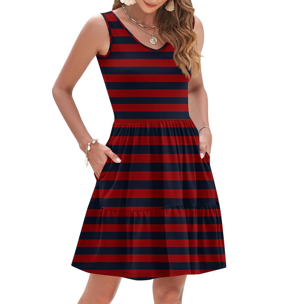 Women's Summer Fashion Casual V-neck Pleated Patchwork Striped Print Sleeveless Pocket Vest Dress