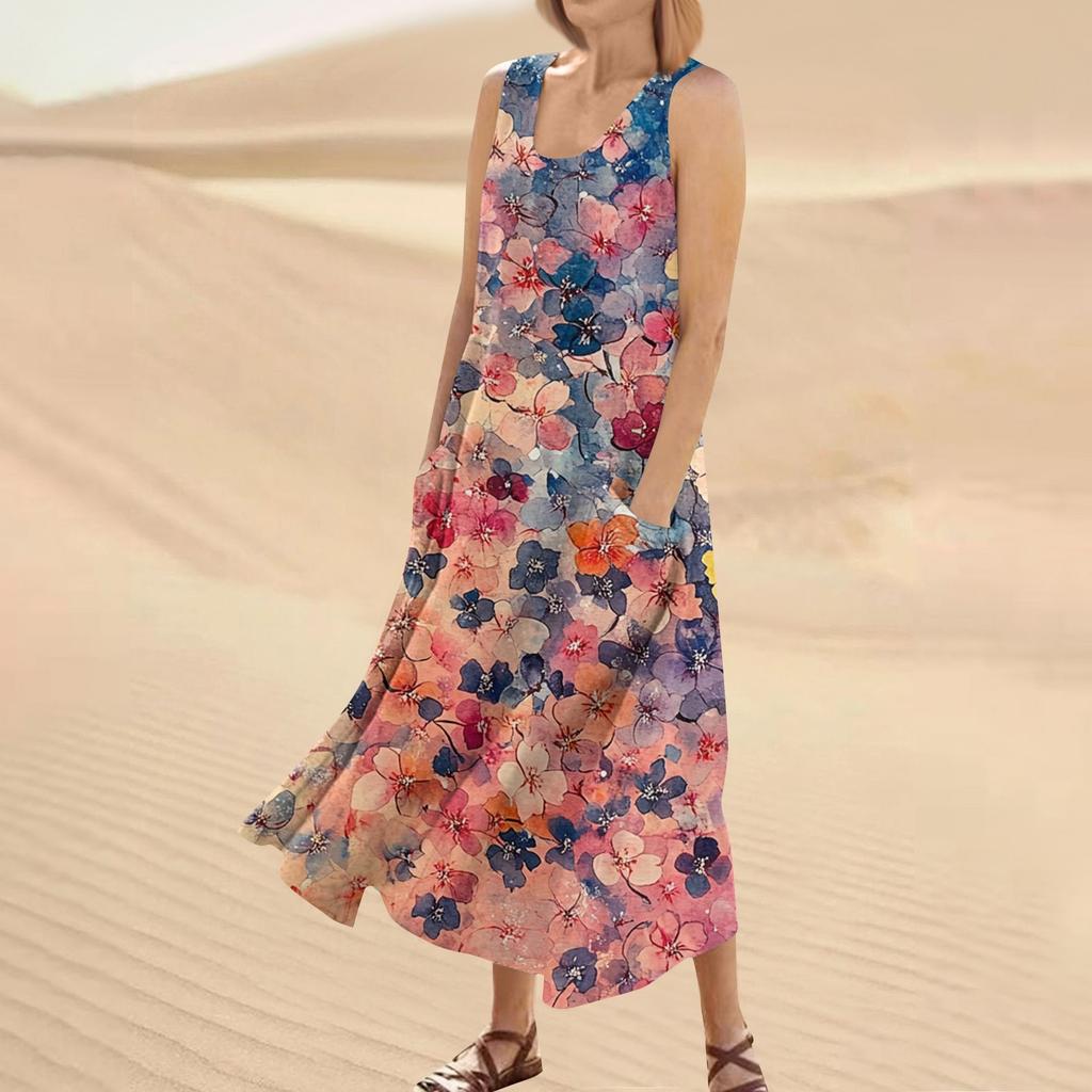 Женское летнее повседневное модное платье без рукавов с круглым вырезом и карманом с цветочным принтом