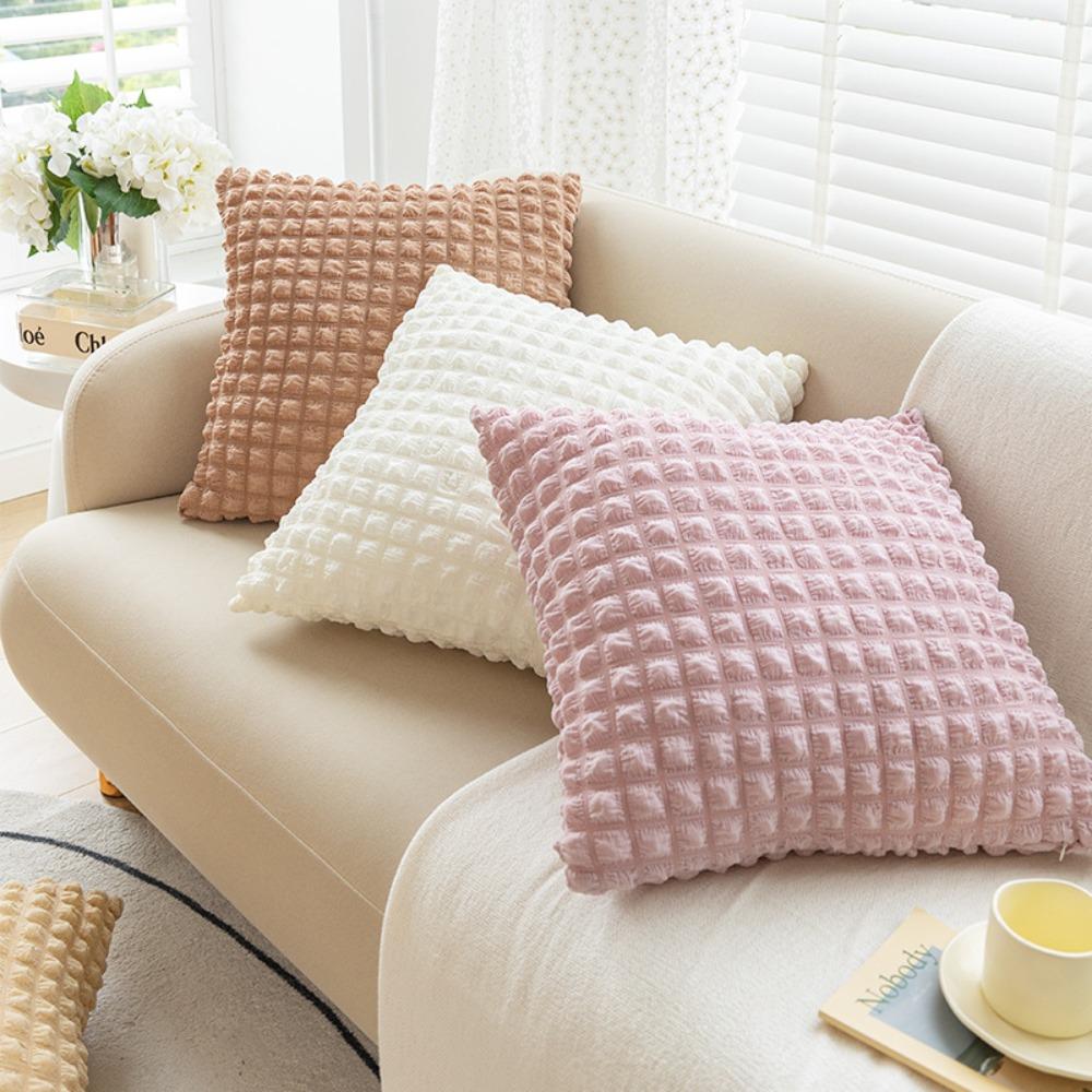 Minimalist Solid Color Pillow Case Cream Aesthetic Cushion for Living Room Bed Stretchy Puff Grid Home Decor