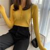 Women Long Sleeve Knitted Sweater Spring Autumn Button O Neck Inside Tight Knit Pullover Top