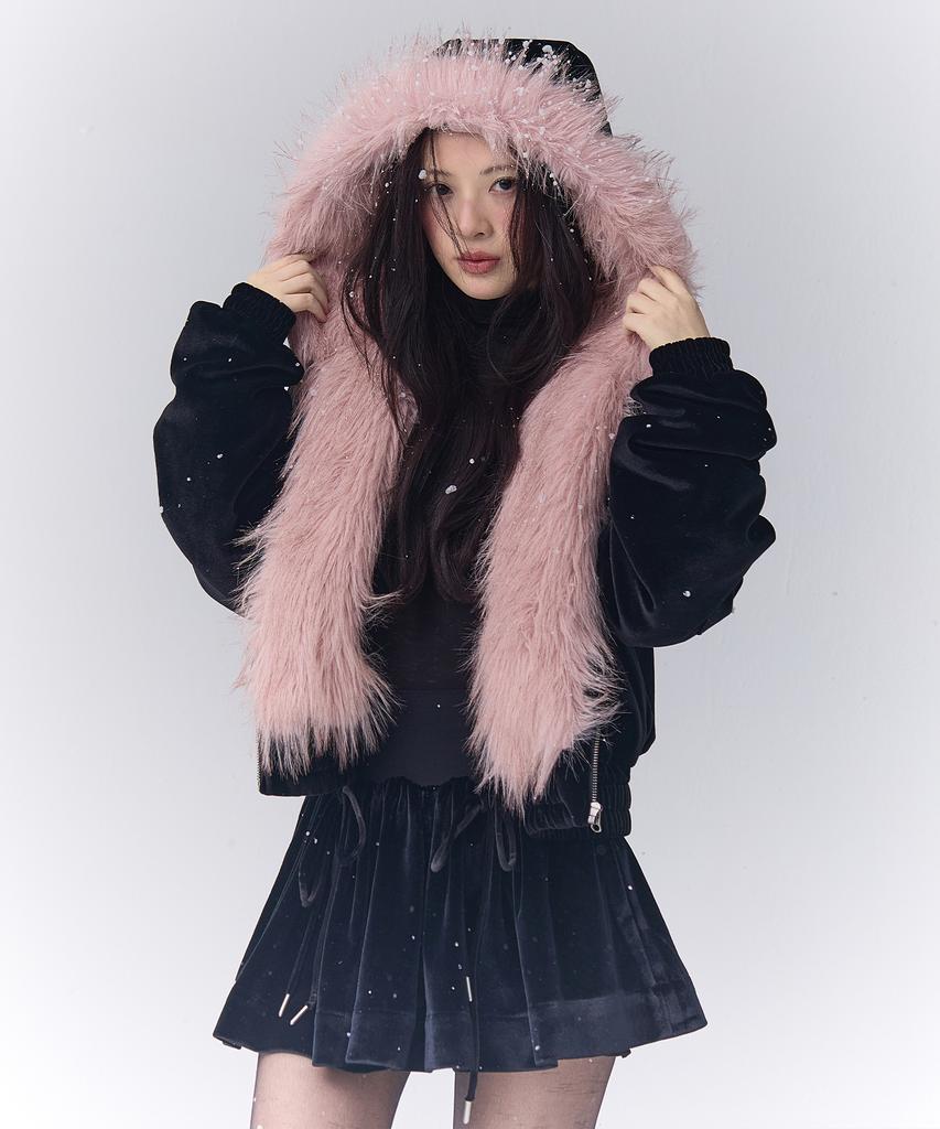 THETIS Faux Fur Two Tone Velvet Shirring Jacket_Tt5W005Bk