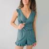 Romper Ruffle Edge V Neck High Waist Pure Color Padded Pleated Slim Fit Sleeveless
