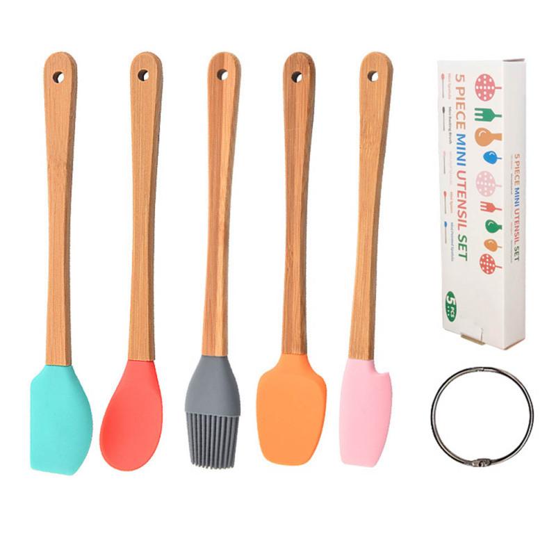 5 Pcs/set Silicone Mini Kitchenware Kits Anti-slip Handle Colorful Heat-resistant Spatula Brush