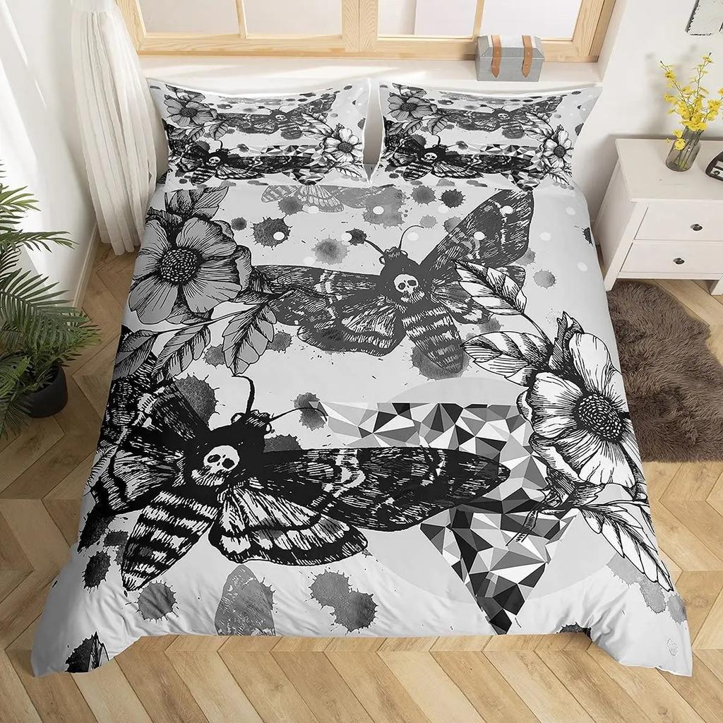 Death Moth Duvet Cover Set King Queen Full Twin Size Galaxy Sun and Moon Polyester Comforter Cover Boho Gothic Skull Bedding Set