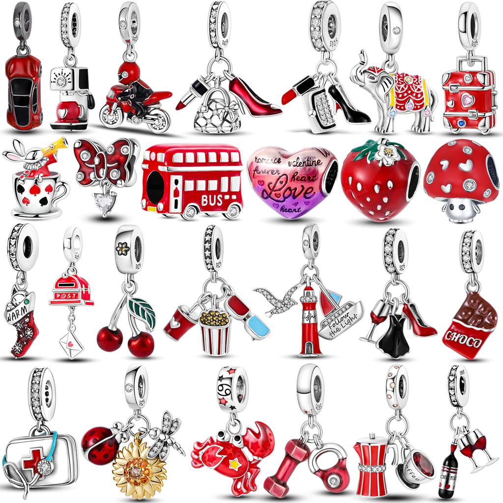Red Color Series Charms Beads 925 Silver Blood Heart Love Car Strawberry Fruit Dangle Fit Bangle Bracelet DIY Jewelry