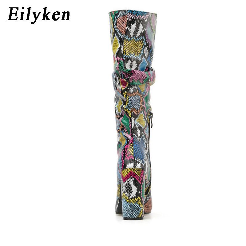 Модные женские сапоги Eilyken из цветной змеиной кожи на высоком каблуке, толстые, до середины икры, потертые, с заостренным носком, на молнии, плиссированные, мешковатые ботинки