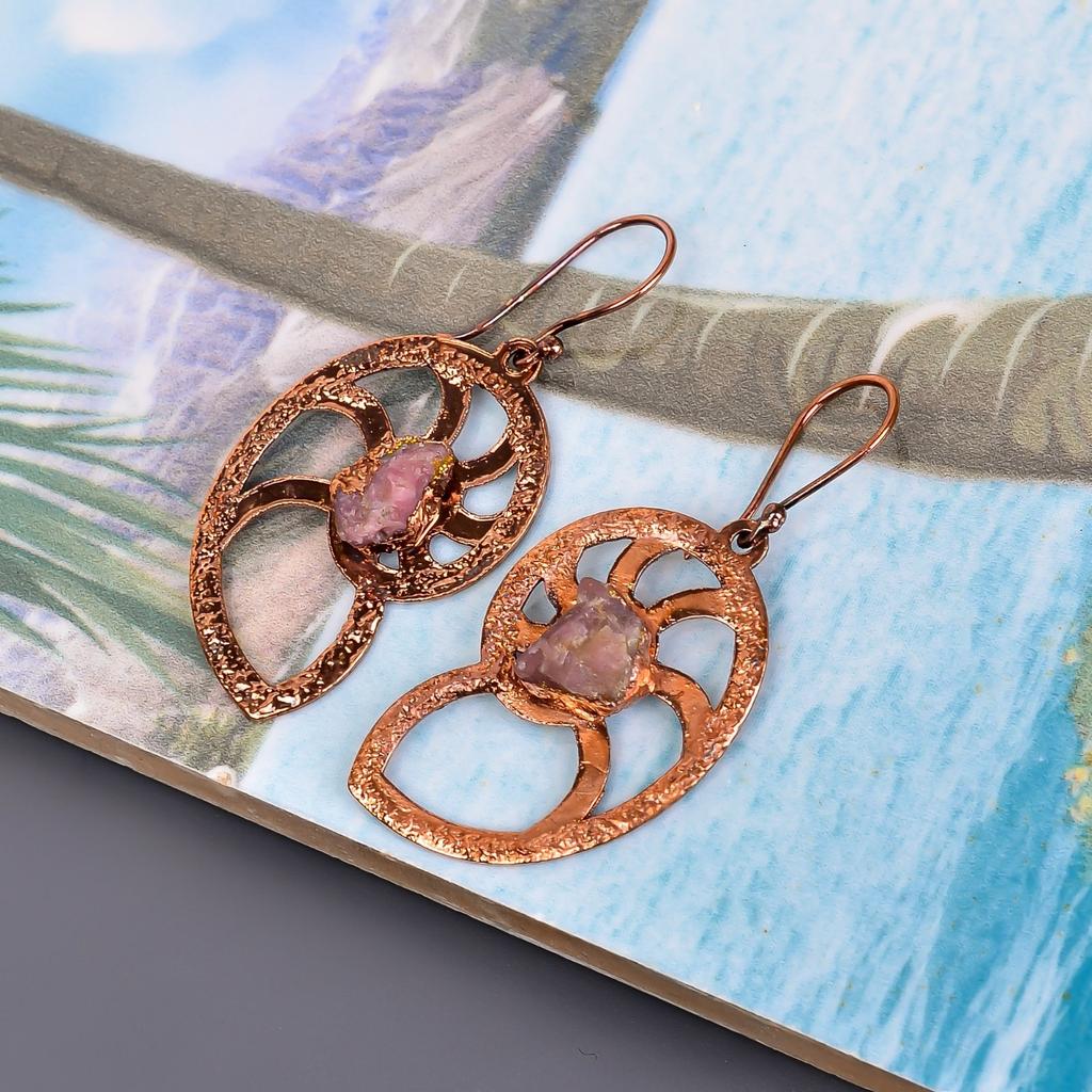 Натуральный розовый сапфир медь висячие серьги подарок дочери гальванопластика ювелирные изделия V-103