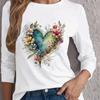 Топы для женщин с принтом в виде цветка и бабочки Love Shaped, с круглым вырезом и длинным рукавом, футболка на осень, облегающий женский топ с длинным рукавом