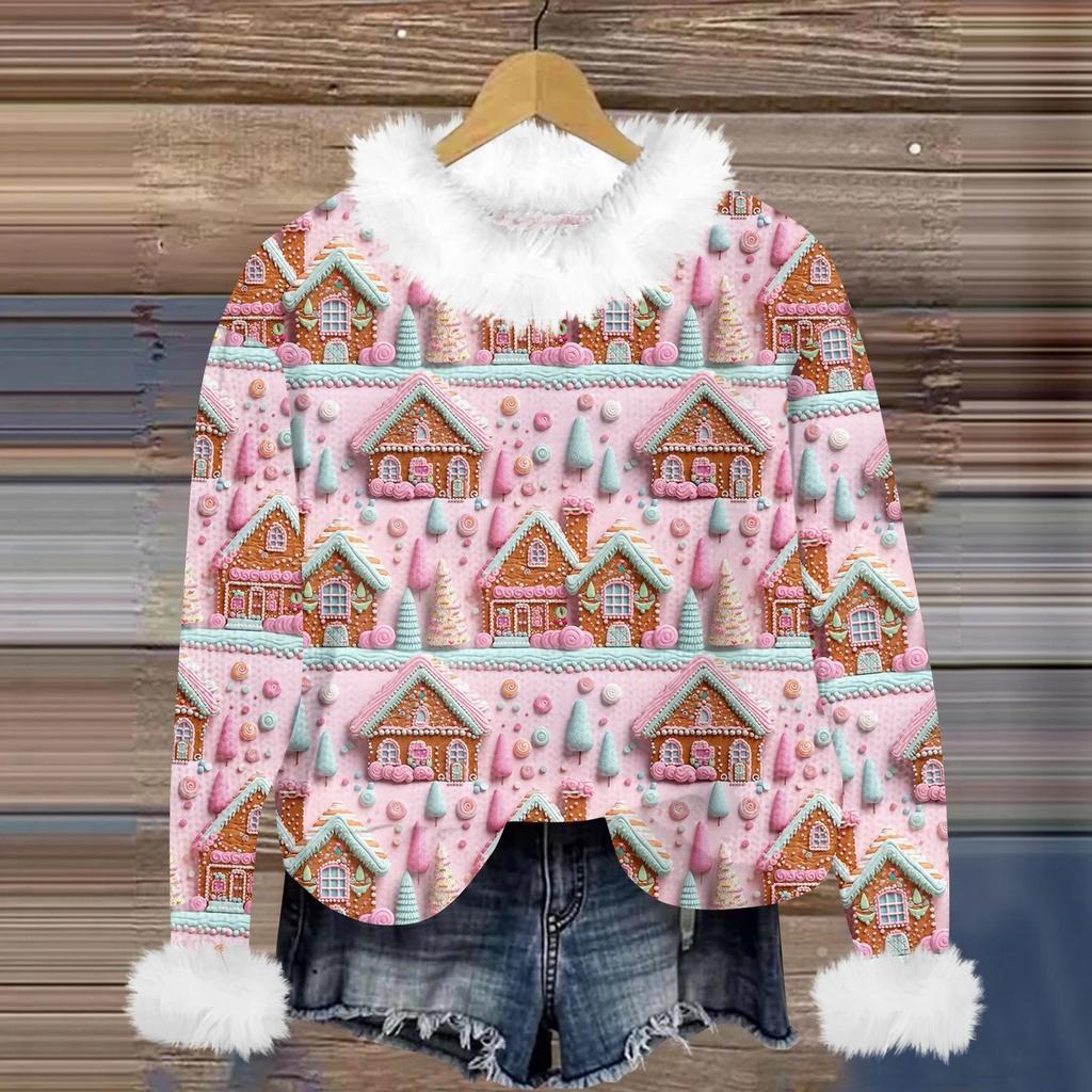 Свитшоты для женщин Вязаный свитер Милая рубашка Осенний круглый вырез Пуловер с меховым воротником Топы