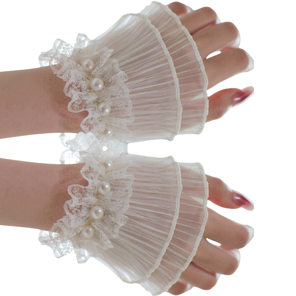 Elegant Pearl Decors Hand Sleeves Ruffle Lace Arm Sleeves Korean Wrist Cuffs For Weddings Parties And Photography