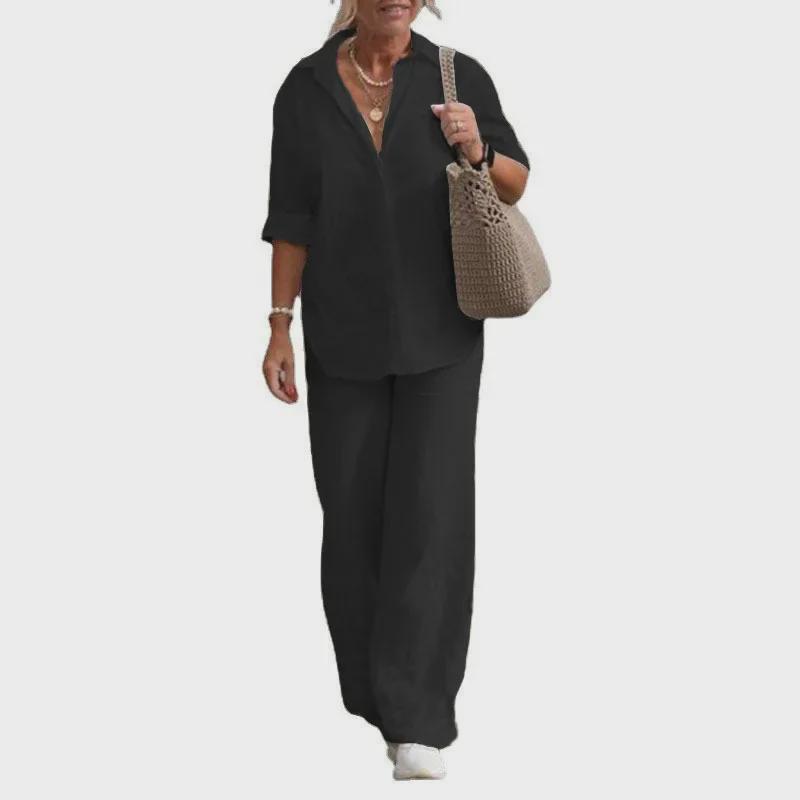 2023 Women's Casual Two-Piece Suit: Lapel Long-Sleeve Shirt & Wide-Leg Pants for Spring & Autumn