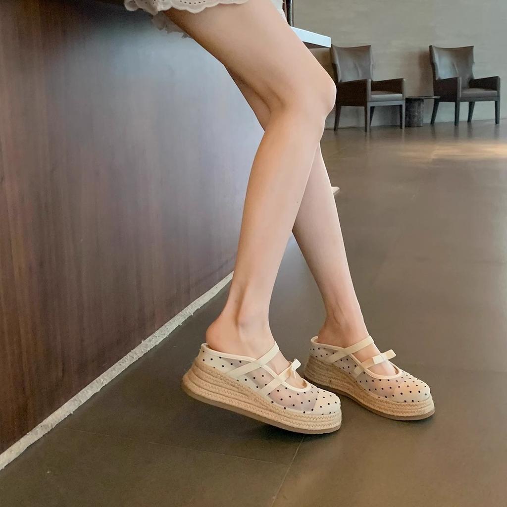 Виноградная мать, тот же стиль увеличивается на 7 см~ Сладкий гороховый бант двойное слово с сетчатыми соломенными сандалиями сумка головные тапочки