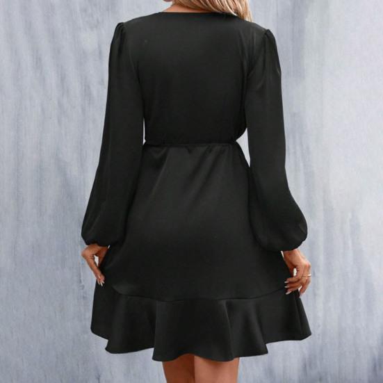 Женское мини-платье с V-образным вырезом, длинным рукавом-фонариком и боковой шнуровкой