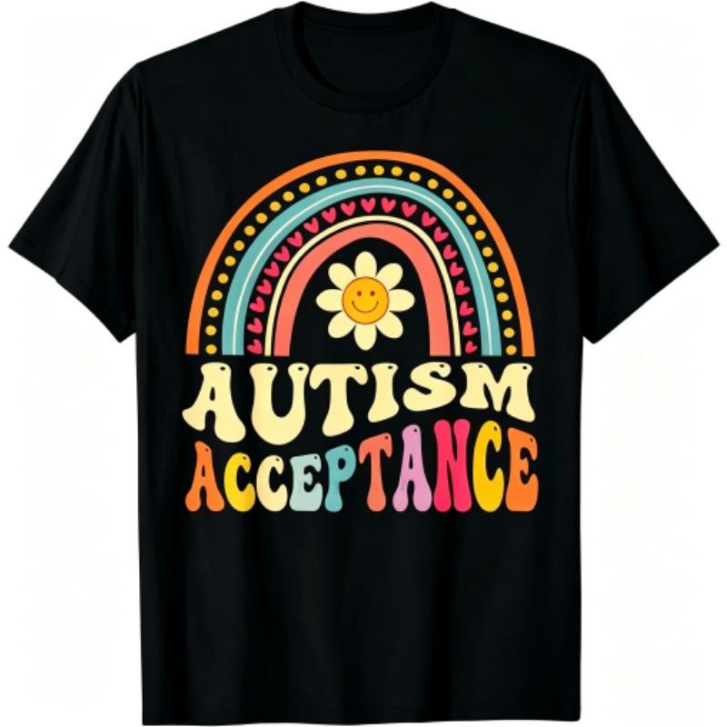 Fun Rainbow Bridge Letter Smile Flower Print Women's T-Shirts Summer Fashion Street Outdoor Casual T-shirt Tops for Men's and Women's Tees Top
