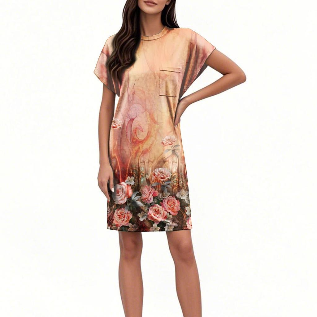 Женское модное повседневное летнее платье с цветочным принтом в стиле ретро и коротким рукавом и круглым вырезом