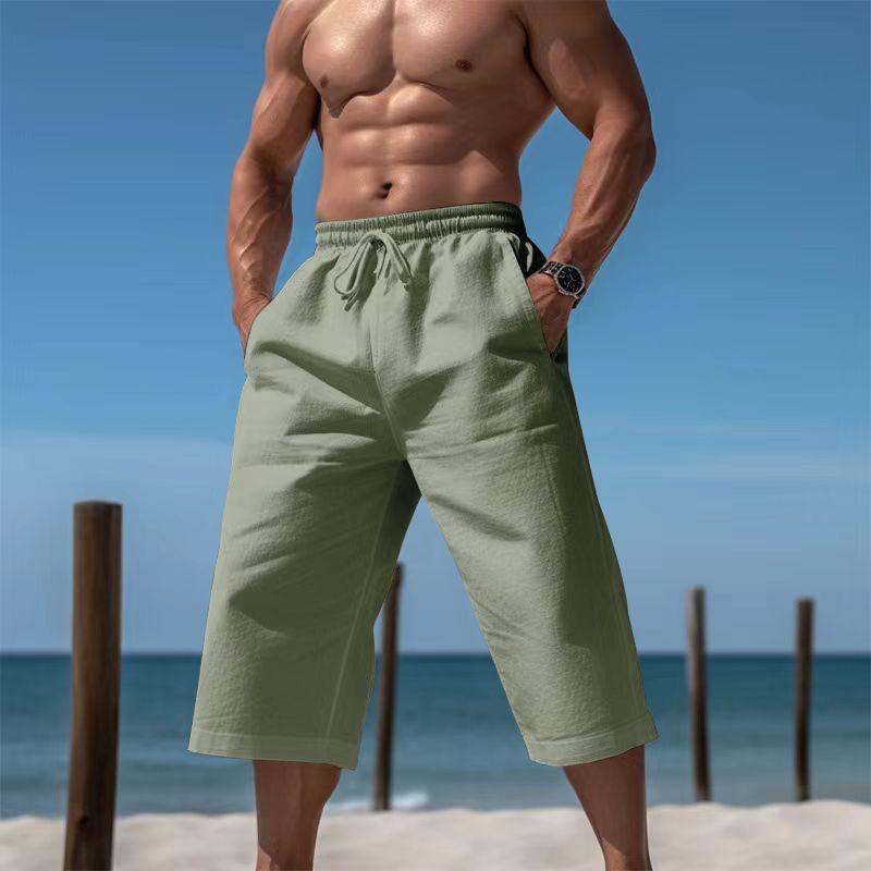 Breathable Lightweight Men Linen Cropped Capri Pants, Elastic Waist Drawstring Wide Leg 7/8 Shorts, Multi Color Casual Beach Pocket Trousers
