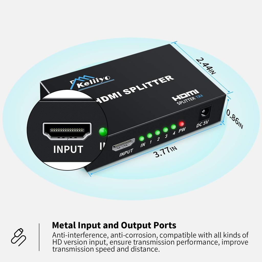KELIIYO HDMI Splitter Input 1 Output 4 Power Supply HDMI Video Splitter with AC Adapter Screen Monitor Mirroring Supports Ultra HD 1080P 2K 3D
