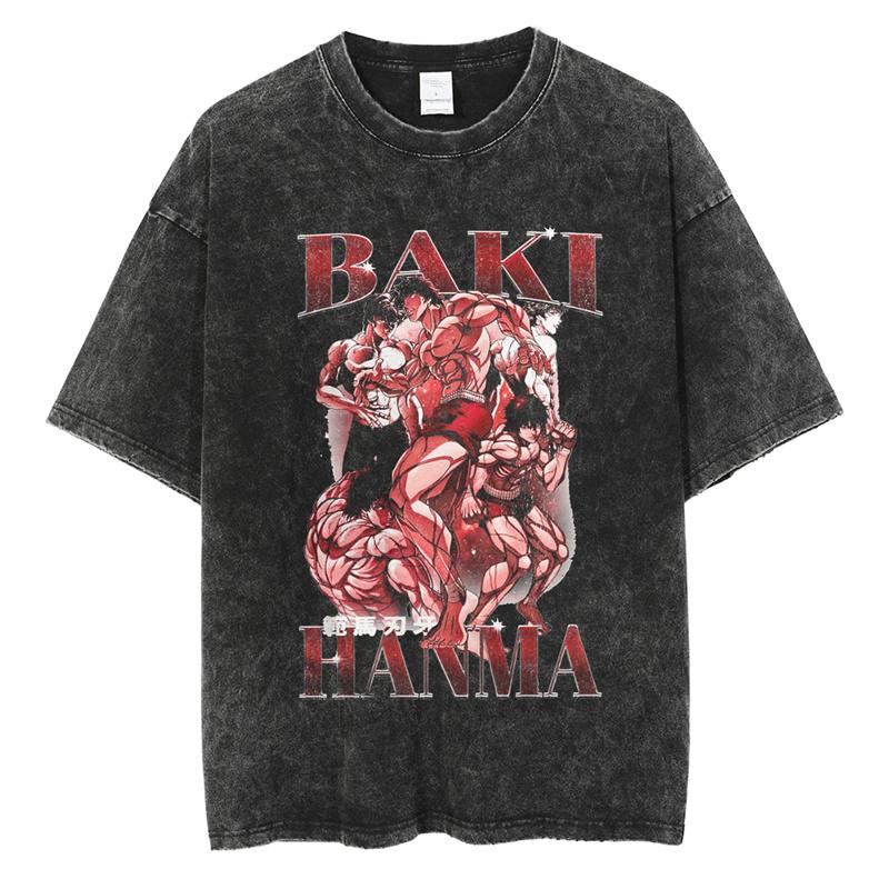 Baki Print Vintage Cotton Tees For Men Women Summer Casual Tshirt Tees Gym Workout Training Short Sleeve Tops Outfits