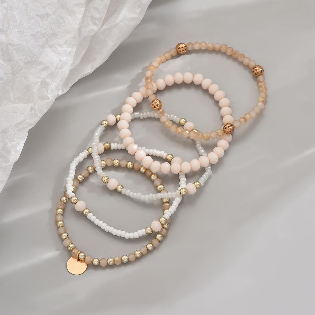 5pcs Bohemian Elegant Woven Elastic Glass Beaded Bracelets Set For Women (Handmade Beads Count, Size, And Placement Are Random)