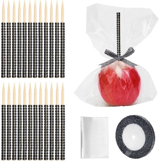 24Pcs Candy Apple Stick Kit, 24P Bling Stick for Apple Rhinestone Wooden Skewers with 24P Bags/ 25 Yard Glitter Ribbon, Bling Skewers for Caramel