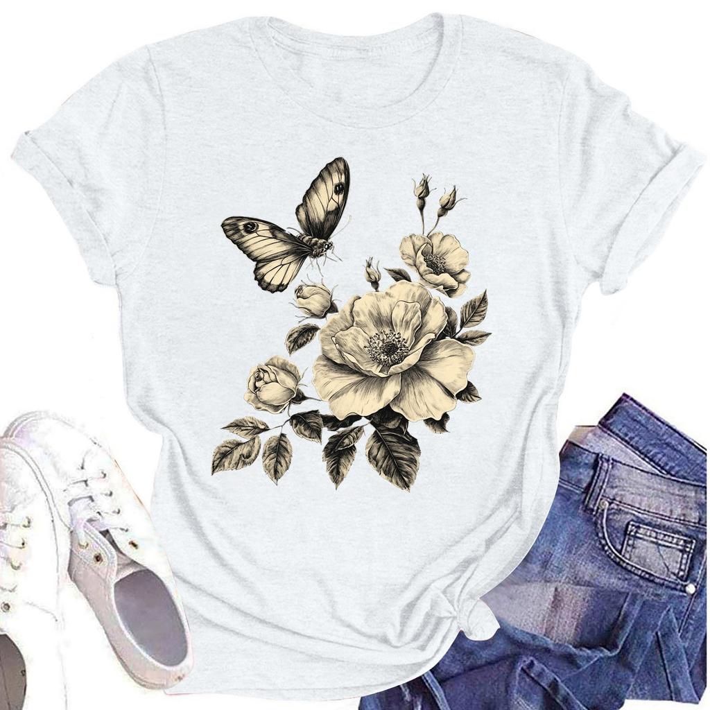 Женская повседневная футболка с круглым вырезом и цветочным принтом, короткий рукав