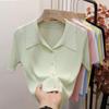 Women Summer Ice Silk Polo Collar Top Knitted Sweater T-shirt Top Unique Short-Sleeve Single-breasted Solid Color