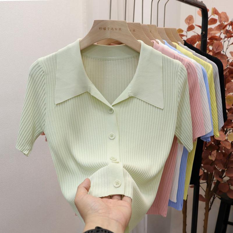 Women Summer Ice Silk Polo Collar Top Knitted Sweater T-shirt Top Unique Short-Sleeve Single-breasted Solid Color