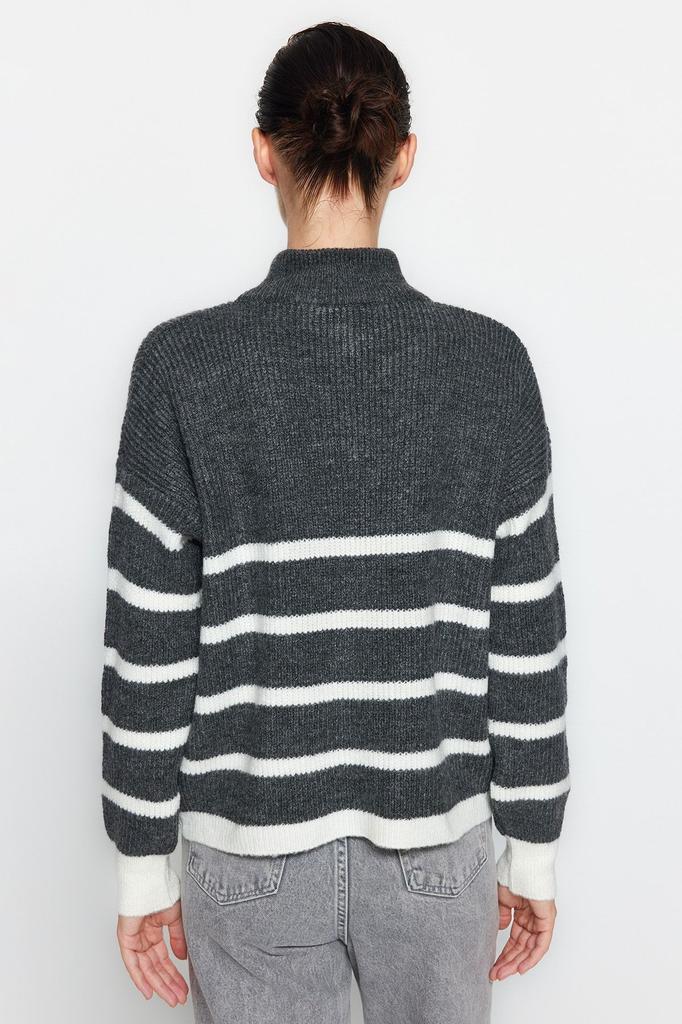 Женский свитер в элегантном стиле, мягкий текстурированный трикотаж в полоску на молнии, свитер с камнем