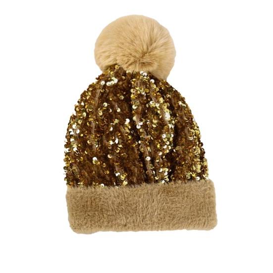 Женская вязаная шапка с плюшевым помпоном, украшенная блестящими пайетками, шапка без полей, зимняя теплая пушистая панама, головной убор
