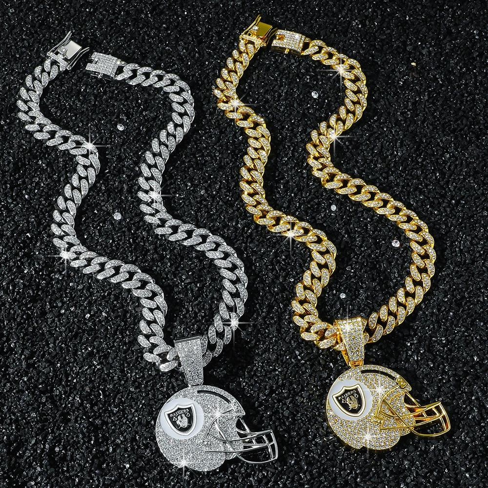 New Hip Hop Men Women Rugby Helmet Pendant Necklace with 13mm Shiny Miami Cuban Chain Cool Necklaces Sports Punk Jewelry Gifts