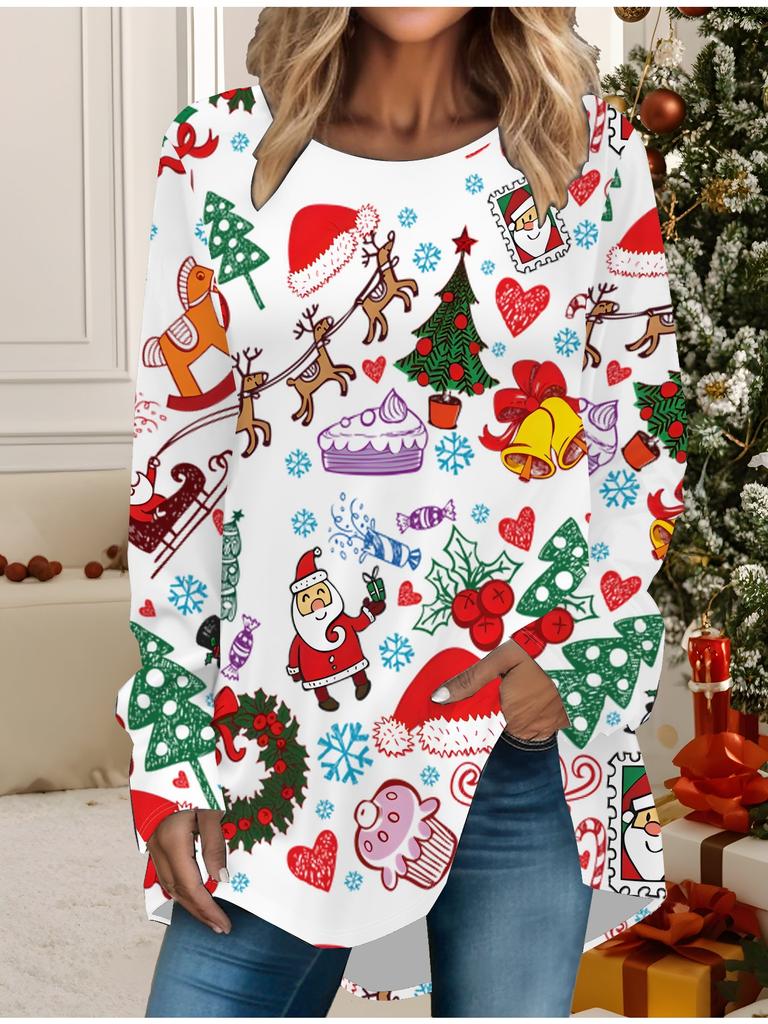 Женская футболка больших размеров с принтом снеговика на весну и Рождество, удобная, с длинным рукавом, круглым вырезом, повседневная, свободного кроя, средней длины, топы