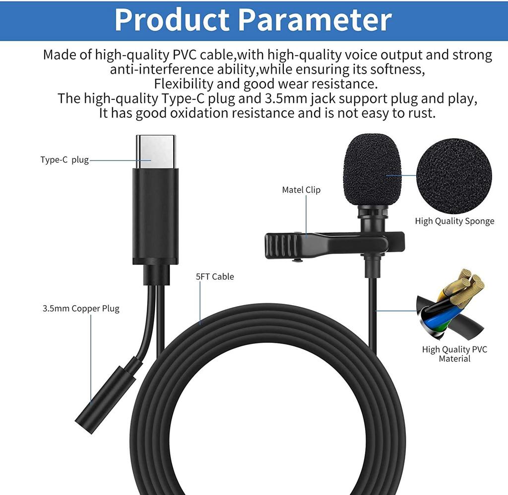 Condenser Microphone Microphone Pin Microphone Clip Type Omnidirectional Smartphone Microphone Length Cable Compatible with iPad Pro Book Air Sony