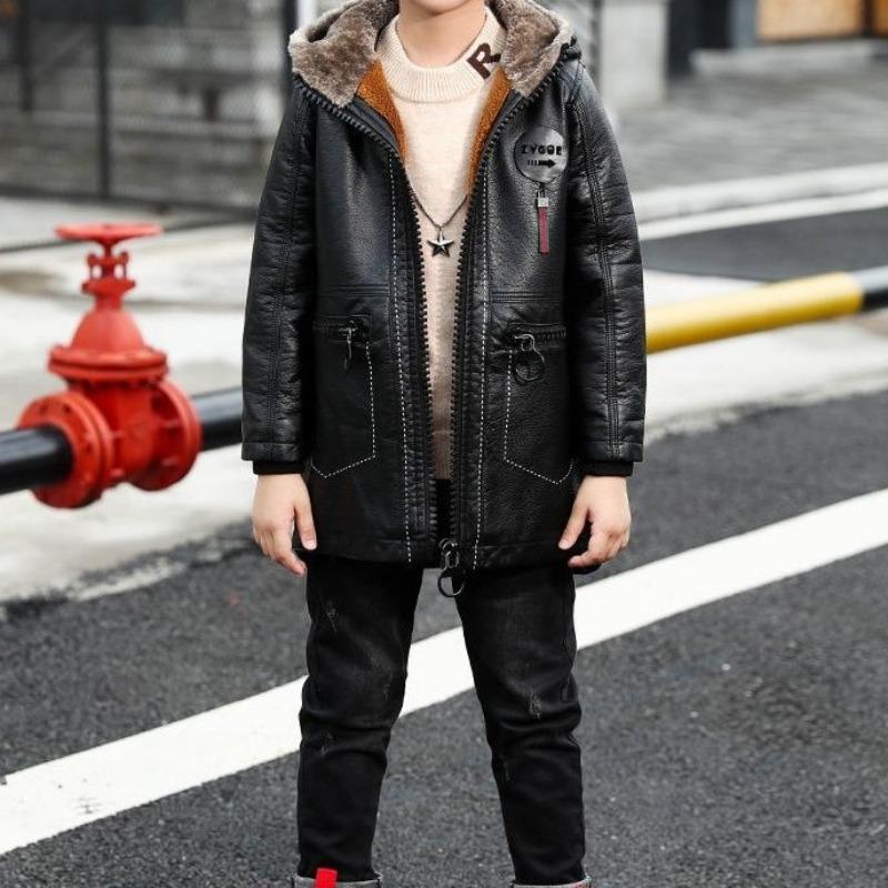 Boys' Casual Fleece-Lined Leather Jacket for Fall/Winter—Children's Mid-Length Thickened Jacket