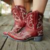 Fashion Vintage Embroidery Cowboy Woman Boots 2024 Autumn Winter Thick Heels Ankle Boots For Women Red PU Leather Western Botas Mujer